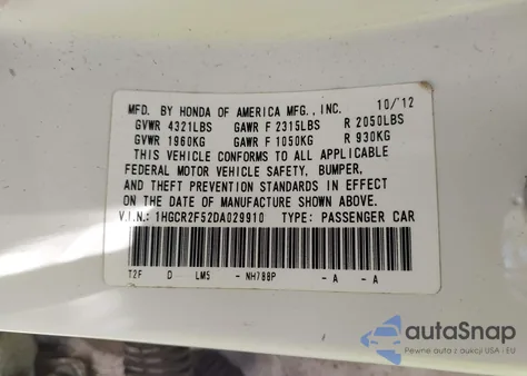 2013 Honda Accord Sport from USA, damaged, VIN 1HGCR2F52DA029910